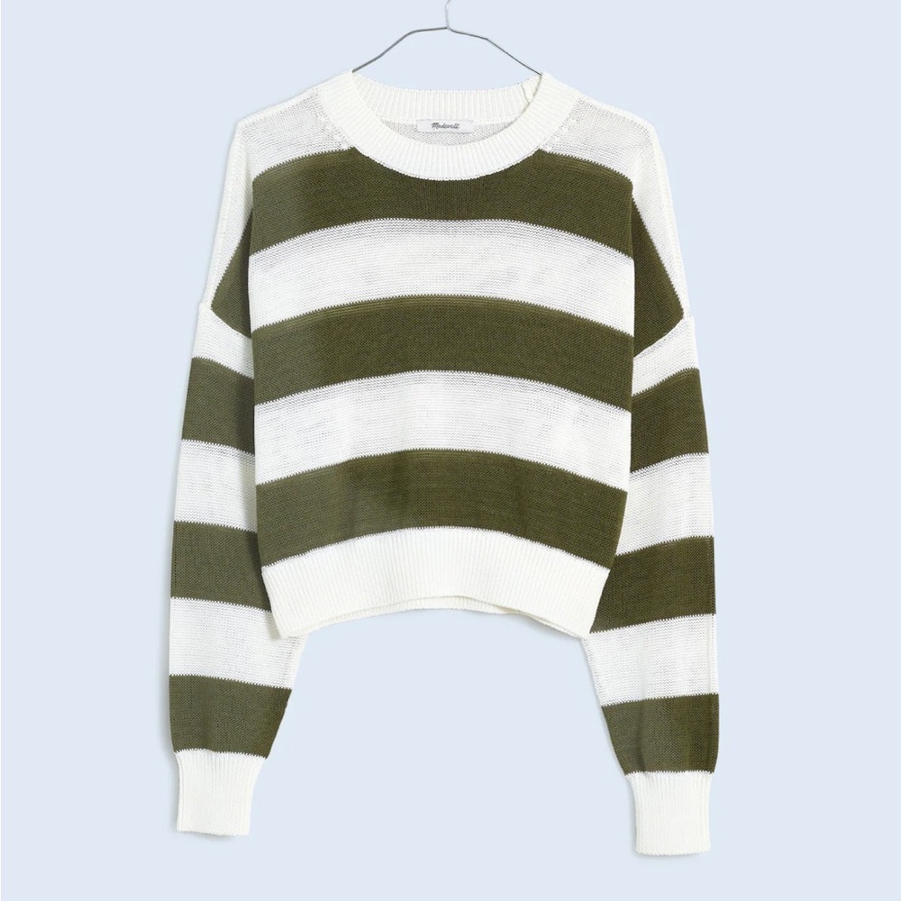 Madewell Loose Knit Crewneck Sweater White Green Stripe Medium - Picture 4 of 10